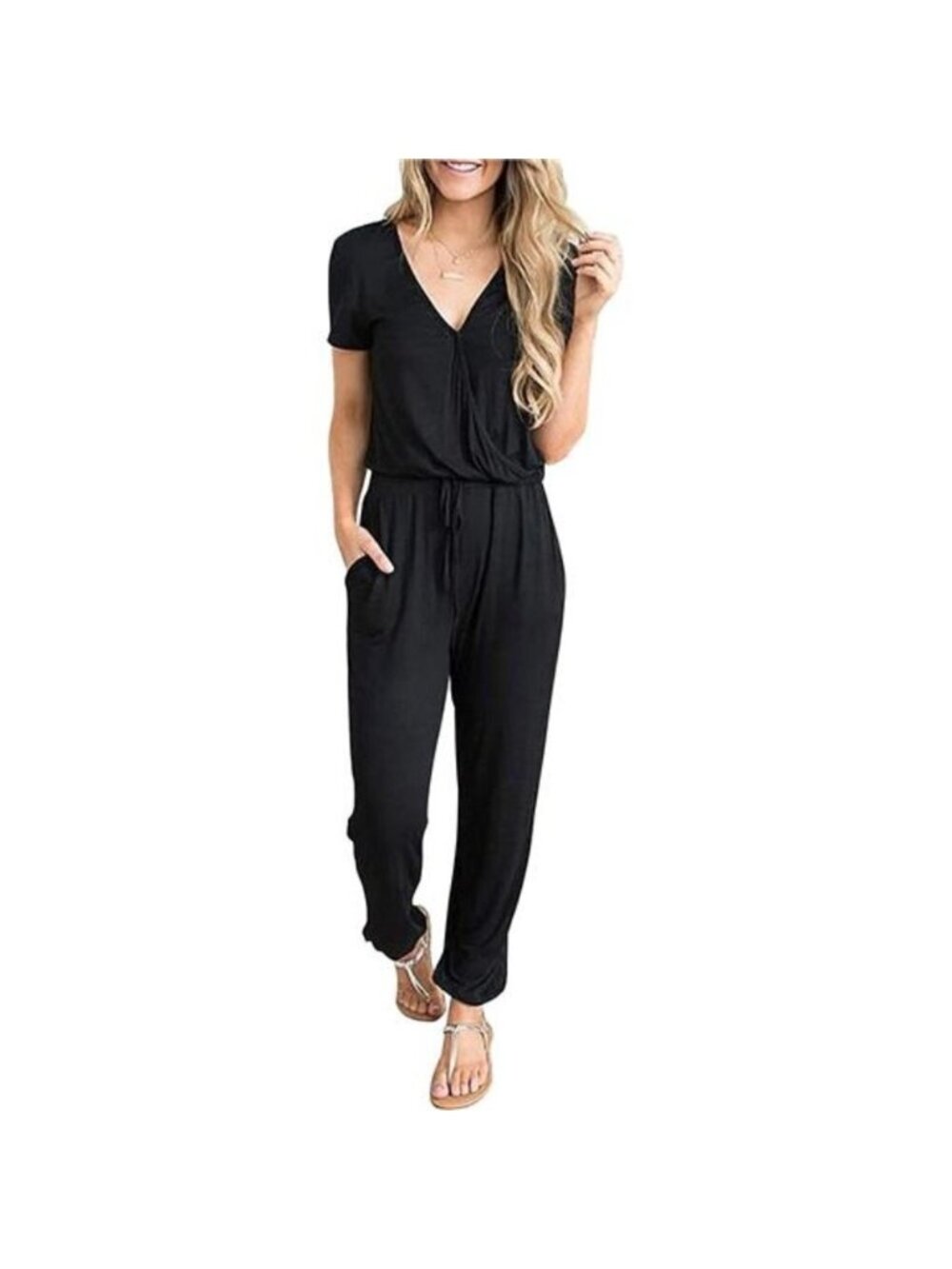 Women's Deep V Neck Short Sleeve Wrap Drawstring Waist Jumpsuit Romper